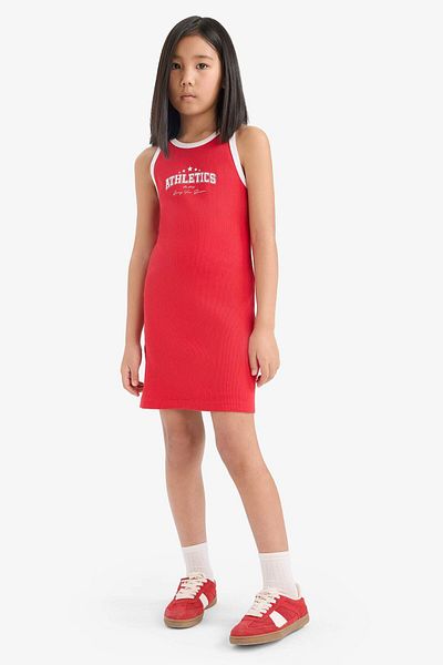 DeFacto Bedrucktes, geripptes, ärmelloses Camisole-Kleid für Mädchen B4491A825SM