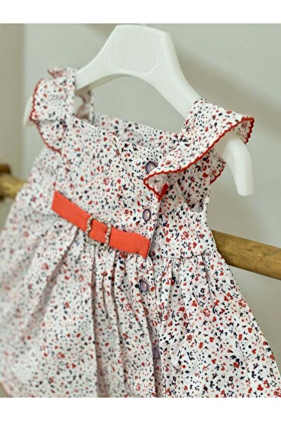 Little Cloud فستان ابيض مورد باللون الاحمر والكحلي