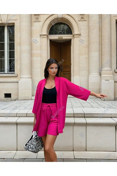 LEONE KOLEKSİYON Women's Fuchsia Kimono Shirt Shorts Bottom Top Set