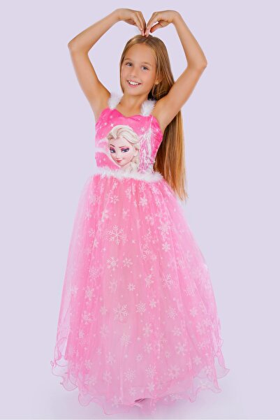 Buse&Eylül Bebe Pembe Uzun Kasnaklı Kız Çocuk Parti elbisesi