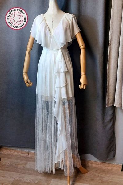 Uretti - Talia 8659 3718 Χειροποίητο βραδινό φόρεμα με πουά με λεπτομέρειες από διαφανές τούλι - μέγεθος M