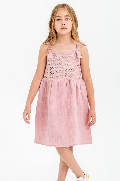 Cansın Mini Pink Lace Detailed Muslin Girl's Dress 21084