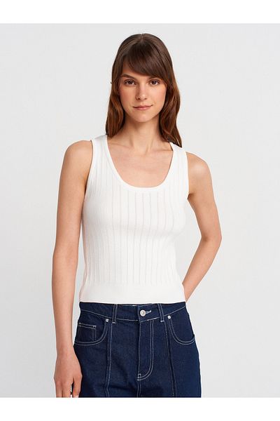 Dilvin 10759 Ribbed Openwork Knitwear Blouse-White
