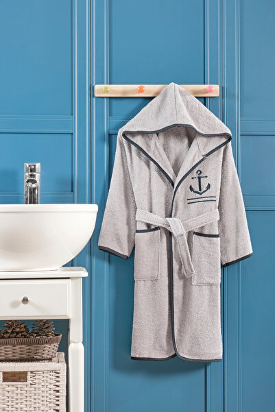 HOUME Kapşonlu Kız-Erkek Genç Çocuk Bornoz-Gri