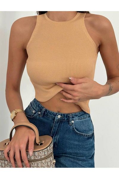İLKCET MODA Γυναικεία Crop Πλεκτά με Στριφτό Αμάνικο Λαιμόκοψη