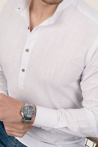 Etikmen Men's Linen Shirt - White, High Collar, Three Buttons, Gift Box