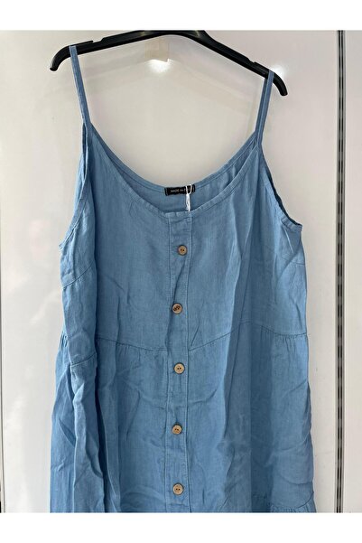 Gezginimport Keten Elbise %100 Ham Keten Askılı Elbise Önü Düğme Detaylı