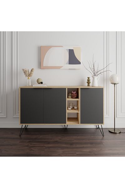 Mourah Home Clara Console – Modern 3-Door Sideboard with Elevated Legs, Open Storage for Living, Dining, Kitchen