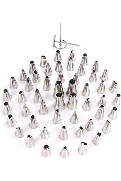 zola 55-piece cake/cupcake decorating set,stainless steel, plastic storage case, silver