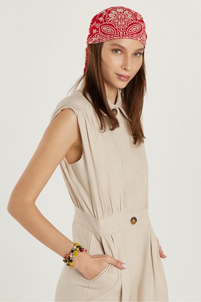 Tudors Women's Slim Fit Slim Fit Zero Sleeve Button Polo Neck Beige Jumpsuit