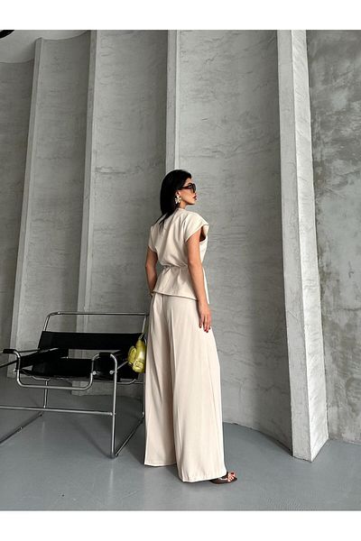 MYGİYİMİSTANBUL Slim Belt Detail V-Neck Sleeveless Top Wide Leg Pants Two-Piece Set