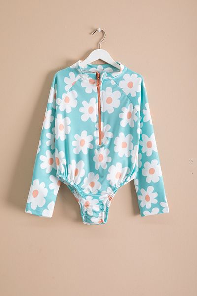 Cansın Mini Girl's Flower Printed Water Green Swimsuit 21127