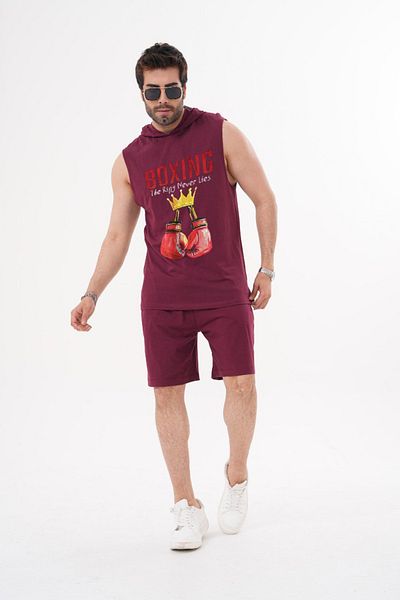 ACTIVE MODA للرجال - الملاكمة - قميص رياضي مطبوع - طقم شورت مكون من قطعتين مقاس كبير من القطن