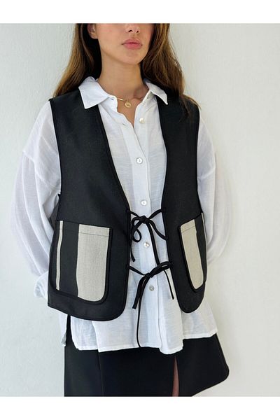 Retrobird Design Front Lace-Up Vest Women Dark Gray