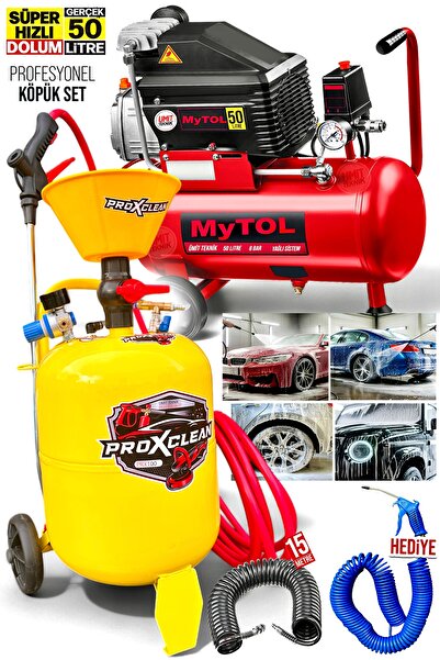 PROXCLEAN Havalı Detailing 35 Litre Köpük Püskürtme 50 Litre Hava Kompresörü 7 Metre Hortum Tabancalı 2Li Set