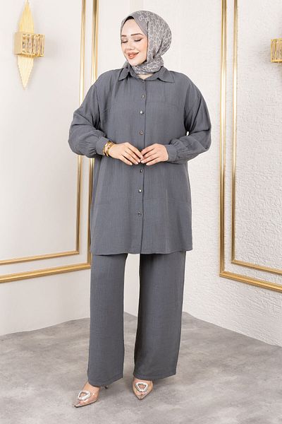 Tesettür Dünyası Double Suit with Stitching Detail Tsd250180 Smoked