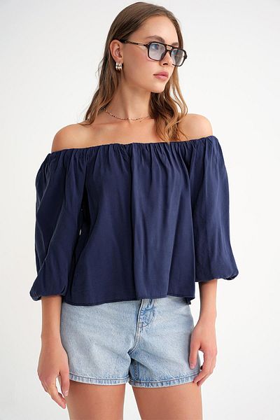 Mixray 4706 Women's Backless Balloon Sleeve Strapless Blouse Navy Blue