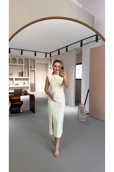 Sezgi Tekin Waist Draped Slit Detail Pastel Yellow Midi Dress