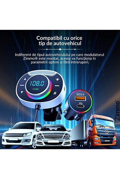 Zimmo® Zimmo® BT 5.3 FM Modulator, FM Radio, Type-C Fast Charging, SuperBass, AUX and Micro SD