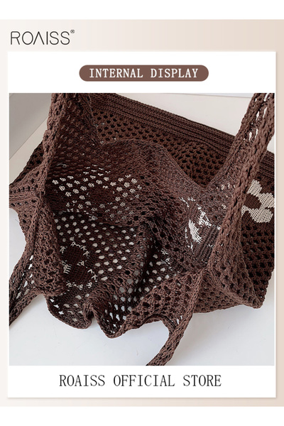 ROAISS Women's Shoulder Bag Tote Bag Flower Pattern Knitted Bag Hollow