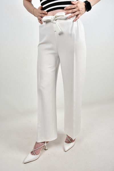 moda caddesi Women's Elastic Waist Belted Wide Leg Trousers.