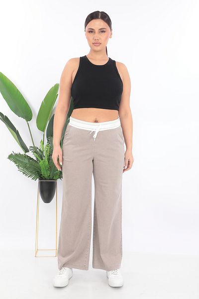 EXİTLİNE Women's Khaki Green Summer Straight Trousers with Rubber Belt