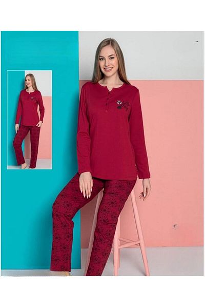 SENFONİ Senfoni Women's Viscose Combed Cotton Button Collar Long Sleeve Pajama Set 10383 -1 Piece