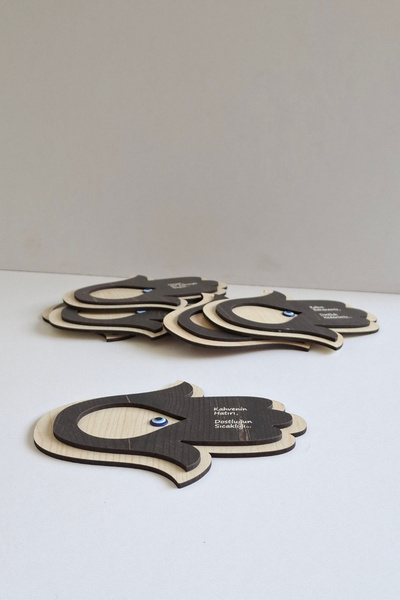 ERDİZDEN 6 Pieces of Wooden Laser Cut Evil Eye Beaded Fatma Mother Cup and Cup Coaster from Erdiz