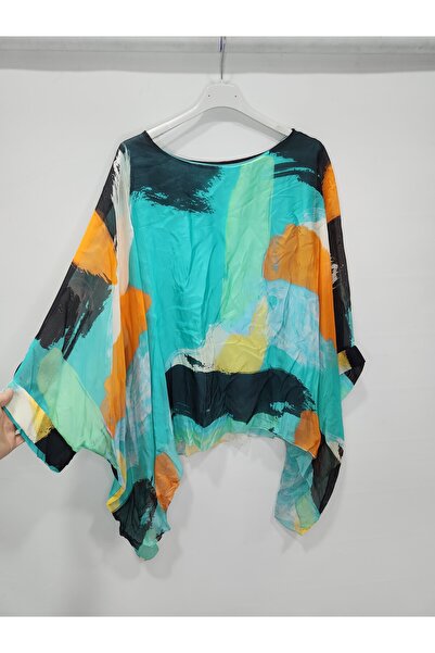 della moor Μπλούζα από μεταξωτό μείγμα με μανίκια νυχτερίδας με ιταλικό χρώμα τιρκουάζ