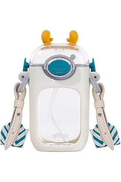 Mu Art Ahşap Diller 400ml Tritan Children's Water Bottle with Strap and Straw with Animal Ear (White)