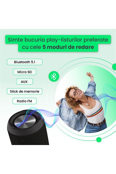 Zimmo® Zimmo® 360° portable speaker, Bluetooth 5.1, FM Radio, 5 playback modes, Autonomy up to 10h, Black