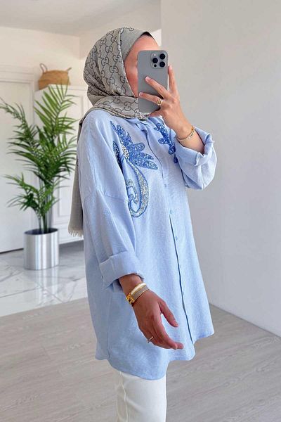 Ka Hijab Cămașă cu paiete Cannes - Albastru