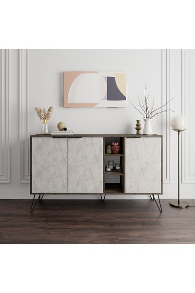 Mourah Home Clara Console – Modern 3-Door Sideboard with Elevated Legs, Open Storage for Living, Dining, Kitchen