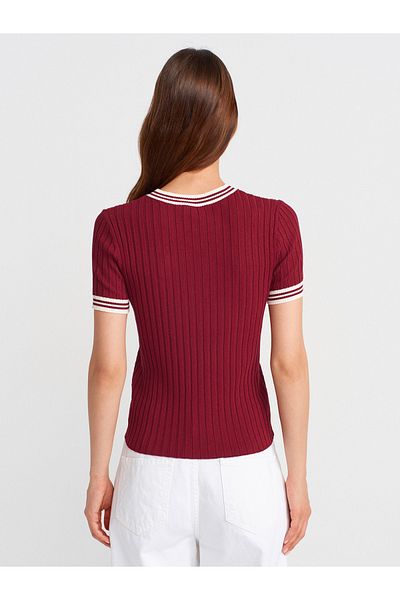 Dilvin 10765 Crew Neck Striped Knitwear Blouse-Claret Red-Cream
