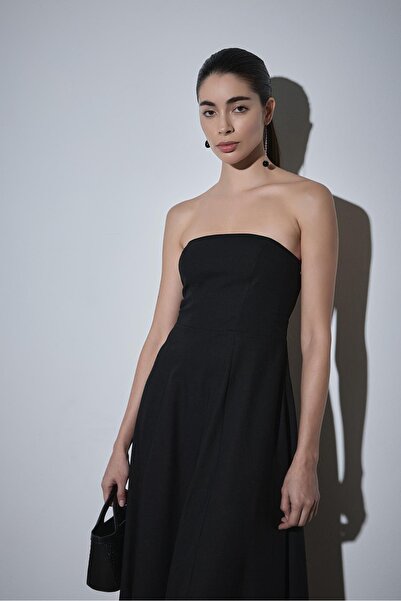 Suud Collection Siyah Melinda Askılı Keten Elbise