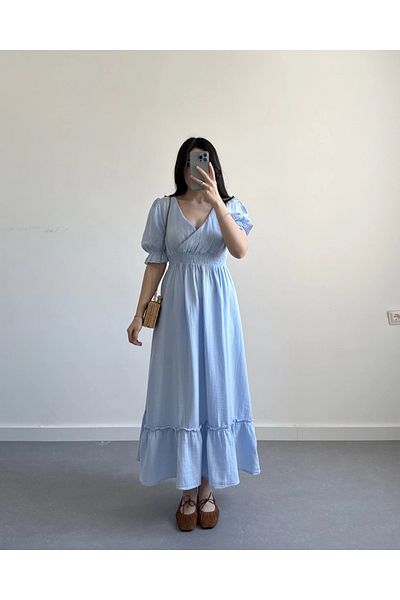Lusin Rochie de damă, albastru bebeluș, cu decolteu în V, cu talie elastică, din muselină, cu mâneci scurte