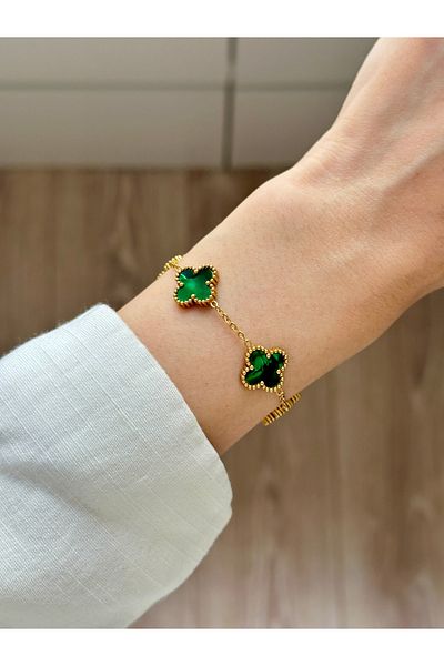 YOUES JEWELRY 316L Steel Clover Pearlescent Green Bracelet Women's Bracelet Gold Double Sided Bracelet