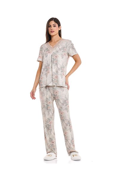 R&B Beige Printed Pyjama Set