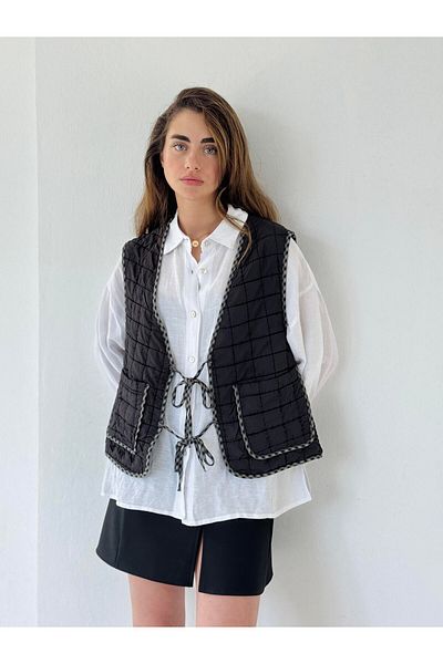 Retrobird Design Front Lace up Quilted Vest Women Anthracite