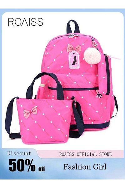 ROAISS 3pcs Heart and Bowknot Printed Graphic Cute Functional Backpack Set
