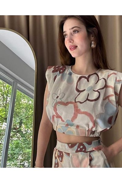 FASHION COCKTAIL Large Pastel Floral Padded 80S Elastic Trousers Crop Linen Summer Double Set