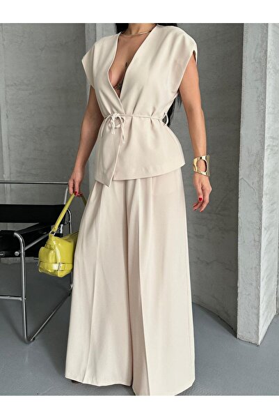MYGİYİMİSTANBUL Slim Belt Detail V-Neck Sleeveless Top Wide Leg Pants Two-Piece Set