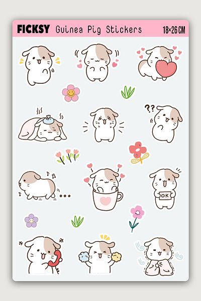 Ficksy Kawaii Style Cute Guinea Pig Sticker Set - 34 Pieces Guinea Pig Sticker Stickers