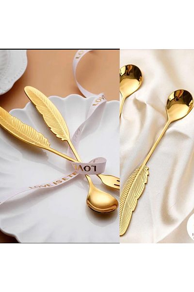 PUFO Set of 3 Pufo Feather spoons for coffee, tea, dessert, steel, feather-shaped handle, gold, 15.5cm