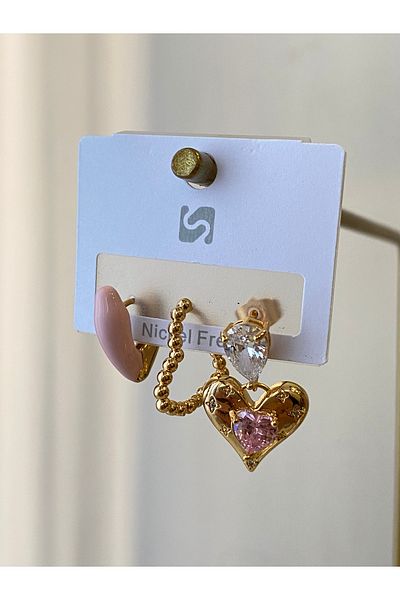 Çelik Set of 3 Zircon Stone Princess Steel Earrings 👑