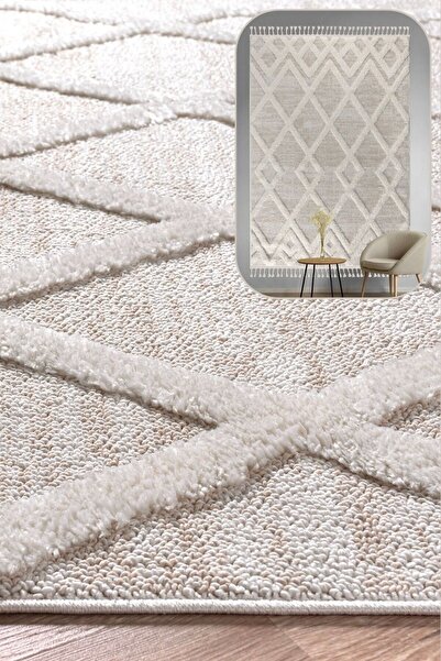 SANRUGS Home & Living Bukleli Yumuşak Peluş Post Krem Beyaz Oturma Odası Salon Mutfak Yolluk Kilim Halı