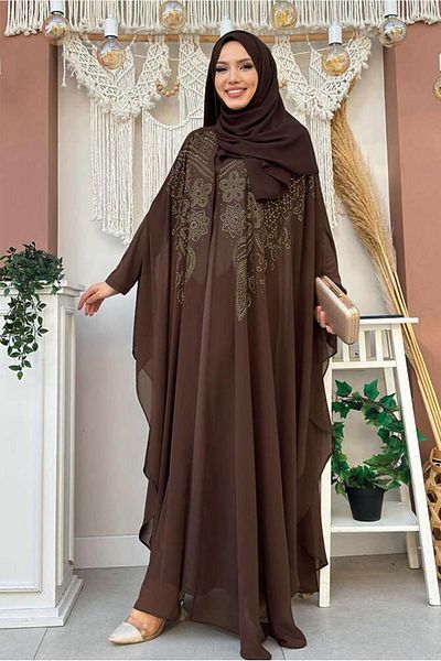TRENDTESETTÜR Women's Brown Stone Embroidered Chifon Cape Dress Suit t 1563-1