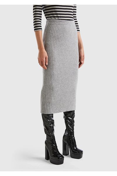 United Colors of Benetton Γκρι Melange Wool Blended Γυναικεία μακριά φούστα