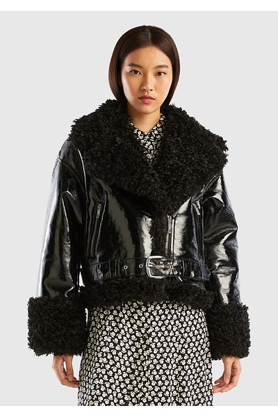 United Colors of Benetton Black Faux Leather Women's Jacket - Shawl Collar