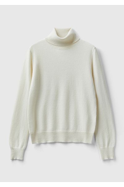 United Colors of Benetton Women's White 100% Cashmere Stand Collar Sweater